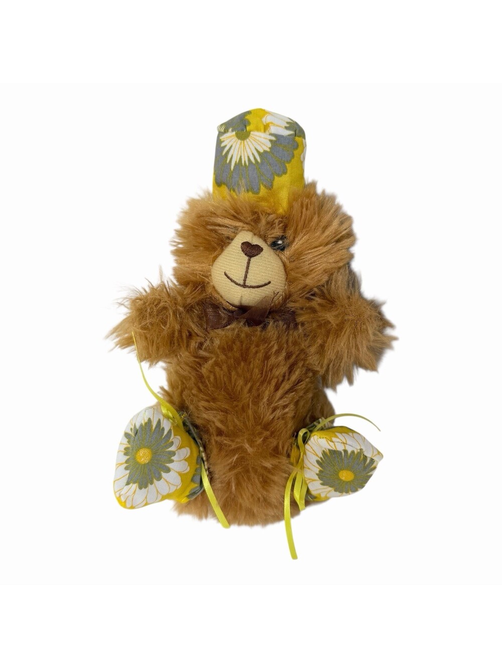 Vintage Brown Fuzzy Teddy Bear Plush with Daisy Print Nightcap and Booties